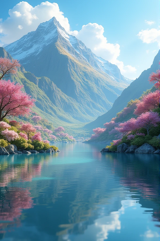 Mountain covered by blooming flowers, a pond at its foothills which reflects the flower covered mountain