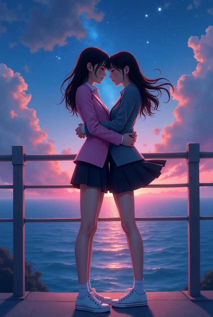 Two company employee girl close eyes kissing and hugging on the bridge fantastic night sky moon ocean. (The first girl wears a pink suit, black skirt, black underpants, white socks, white sneakers The second girl wore a gray suit, black skirt, black underpants, white socks, and white sneakers.)The girl gray suit used her hand pull up the skirt of the girl pink suit.
