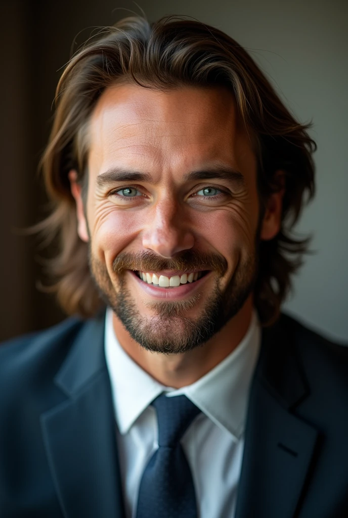 (Highest quality,4K,8k,High resolution,masterpiece:1.2),Very detailed,(Realistic,photoRealistic,photo-Realistic:1.37),1 person,33 years old,Mature Men,very handsome,Jesus Christ,smile,Brown Hair,Wave Long,blue eyes,Sharp Eyes,A perfect face without a doubt,Intimidating posture,Businessman,Office Background,Cinema Lighting,HDR image