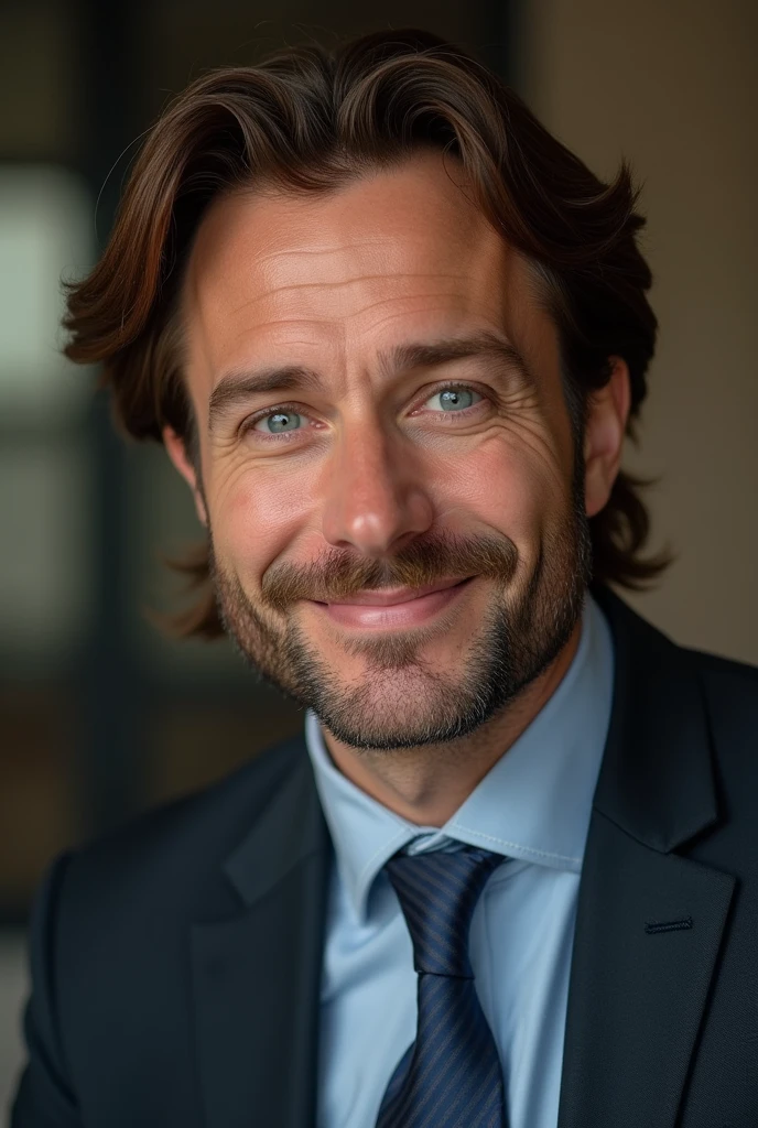 (Highest quality,4K,8k,High resolution,masterpiece:1.2),Very detailed,(Realistic,photoRealistic,photo-Realistic:1.37),1 person,33 years old,Mature Men,very handsome,Jesus Christ,smile,Brown Hair,Wave Long,blue eyes,Sharp Eyes,A perfect face without a doubt,Intimidating posture,Businessman,Office Background,Cinema Lighting,HDR image