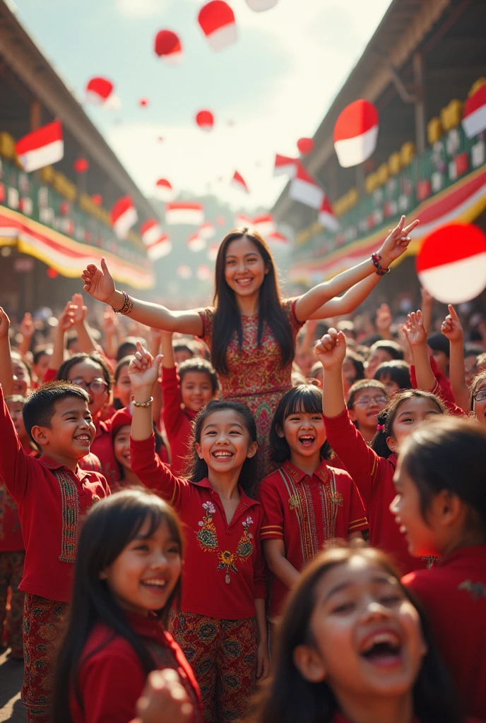 Landscape 20 Children and 1 teacher celebrate proklamation with the backdrop of Indonesia's August 17th independence celebration.
