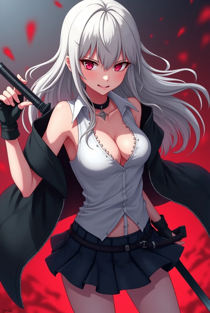 Anime girl wearing a sleeveless shirt the middle of her chest is visible and she wears fingerless gloves and she wears a short skirt, he works as an assassin and he is holding a sword, her face is angry with a smile and she is 16 years old. He's not wearing a jacket. She is white skinned, long hair