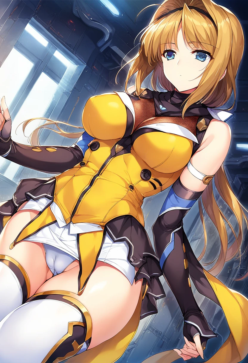 12k,masterpiece, Highest quality, Anime Style,Official Art Beautiful Lighting, 1 girl, bangs, (Inside a futuristic base:1.4), , masterpiece,Noise Reduction,Perfect Anatomy,High resolution, Very detailed,Game CG,Dutch Angle ,Beautiful attention to detail,Visual Arts,Five Fingers, Perfect hands, Perfect lighting,(Camel Toe:1.3),Red eyes,(Silver Hair:1.2),takamori haruka,(Emotionless,Expressionless:1.4)