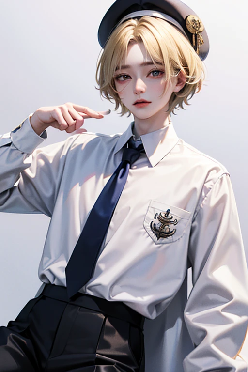 blond hair, White skin, Uniform, 18 years old, super detail, masterpiece, 8k, 1 boy, korean, amazing, Idol appearance, high quality, Refreshing, High Quality, Idol Hair, white shirt, Long tie, black pants, Beautiful androgynous man, boy, A delicate androgynous man, sailor uniform, blue