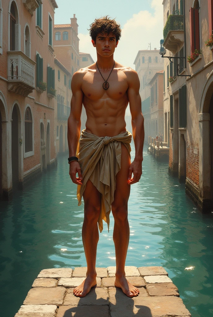 pintura_oleo+artstation front view a young man slender_athletic_realisim_body, italian boy he is standing in the middde of a bridge. Characteristics: Strong men, wearing loincloth, Background: river, bridge, left scary side river, right lovely light side, Style: Renaissance, vibrant colours and intense light. Painters: Tintoretto. Palette: Warm tones, reds, golds and blues., he is standing in the middel of the bridge, stressed gaze
