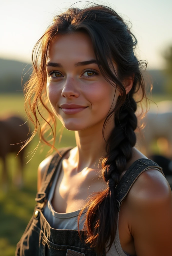 A highly detailed, realistic, and ultra-high-definition 9K photo of a 24-year-old woman, sweaty from feeding animals, with a subtle glow of bright white natural light casting the ambiance of the morning sun. Her athletic build is subtly evident beneath her work clothes and overalls. Her long, dark brown hair is in a french braid that is tattered from working is pulled over her shoulder, with a few loose strands framing her heart-shaped face. Her hazel eyes, flecked with golden brown, sparkle with a sense of adventure, gazing softly into the distance. Her skin has a warm, sun-kissed glow.