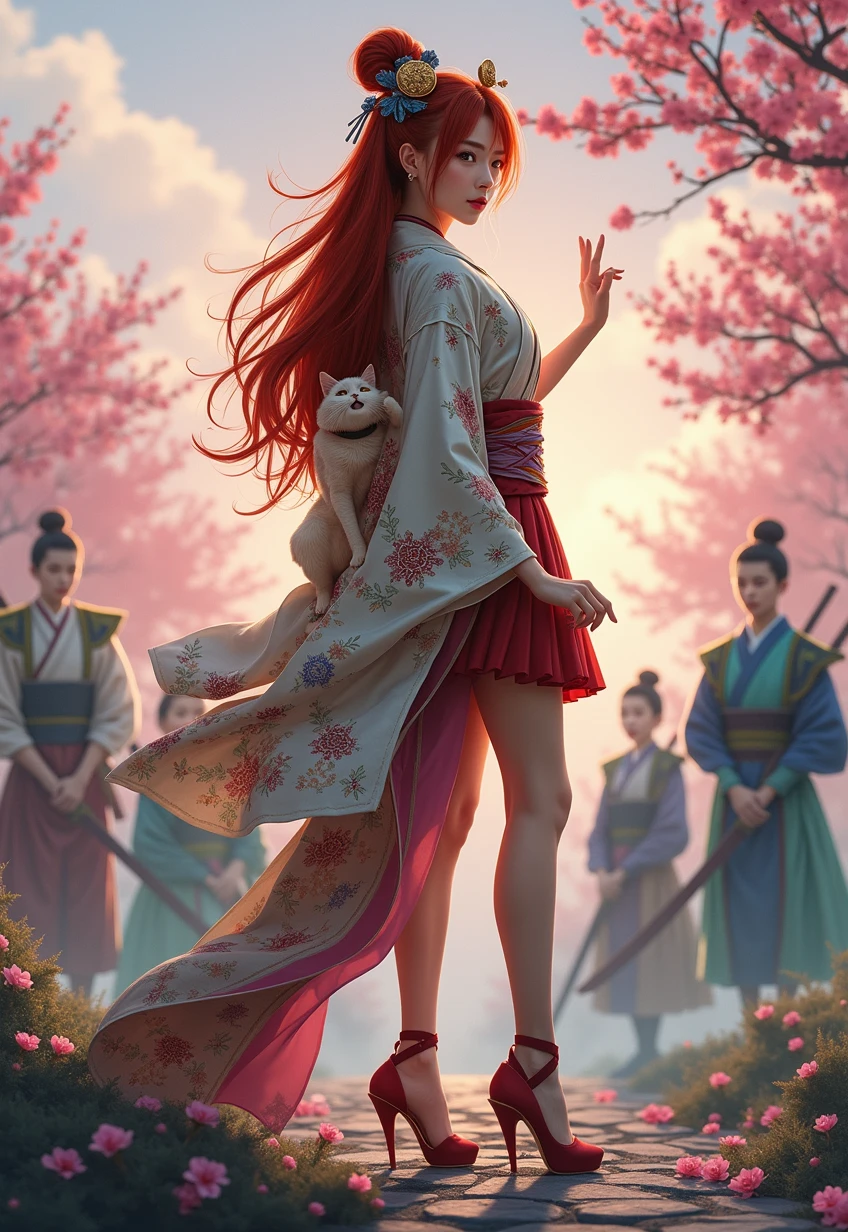 camera showing ground level long shot of the whole-body view of lady from head to elegant stiletto high heel. In this captivating, cinematic photo of a female Sengoku-era warrior stands tall in her vibrant kimono and stylish box pleated layered micro skirt and stiletto heel, exuding an aura of strength and grace. Her fiery red hair cascades down her back, and she holds her unsheathed pristine katana with determination. Her goddess super curvy figure, the goddess hair accessories and the sleek stiletto high heel she wears make her more elegant and seductive. The pinkish-cloudy sky casts a soft, vibrant glow over the scene, with colorful cherry blossoms blooming around her, symbolizing the transient beauty of life. A mystical Japanese cat, a guardian of fortune and happiness, perches on her shoulder, observing the surroundings with keen eyes. Her hands gracefully position her like a divine protector, while her comrade samurai warriors standby for her command in the background, their faces a mix of determination and loyalty. 