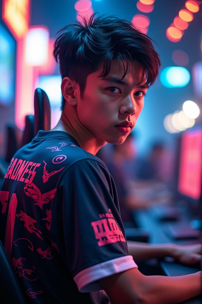A young man gamer wearing esports jersy with a name of "Sadness" at the back