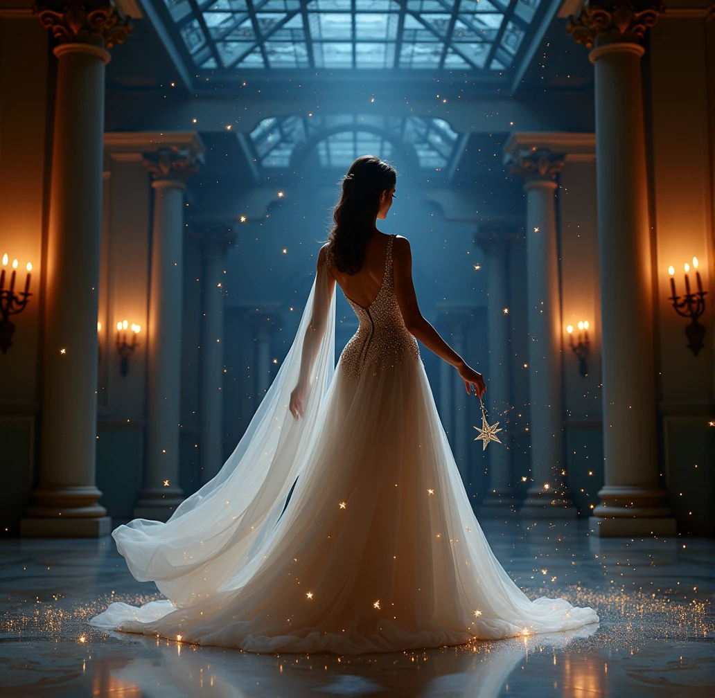 Concept: The woman is depicted in a grand ballroom set beneath a night sky filled with stars. Her gown is elegant and sophisticated, designed to reflect the night sky, with subtle glimmers that catch the light as she moves.
Background: A majestic ballroom with a glass ceiling revealing a starlit sky. The walls are lined with tall, glowing candles, and the floor reflects the stars, creating the illusion that she’s dancing among the constellations.
Props & Effects: A delicate star-shaped pendant, twinkling lights that mimic the stars, and perhaps a soft, flowing cape that trails behind her, enhancing the sense of movement. The lighting is soft and romantic, creating a dreamy, magical atmosphere.