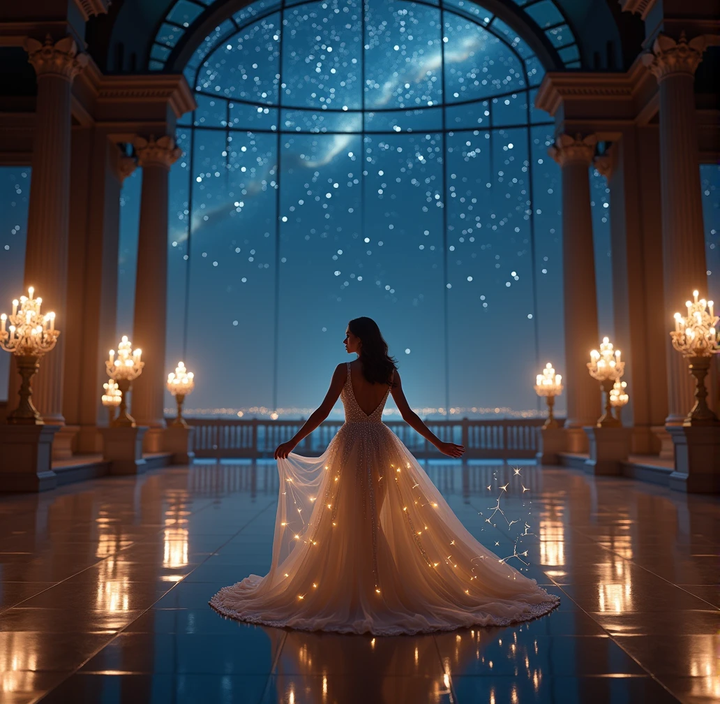 Concept: The woman is depicted in a grand ballroom set beneath a night sky filled with stars. Her gown is elegant and sophisticated, designed to reflect the night sky, with subtle glimmers that catch the light as she moves.
Background: A majestic ballroom with a glass ceiling revealing a starlit sky. The walls are lined with tall, glowing candles, and the floor reflects the stars, creating the illusion that she’s dancing among the constellations.
Props & Effects: A delicate star-shaped pendant, twinkling lights that mimic the stars, and perhaps a soft, flowing cape that trails behind her, enhancing the sense of movement. The lighting is soft and romantic, creating a dreamy, magical atmosphere.