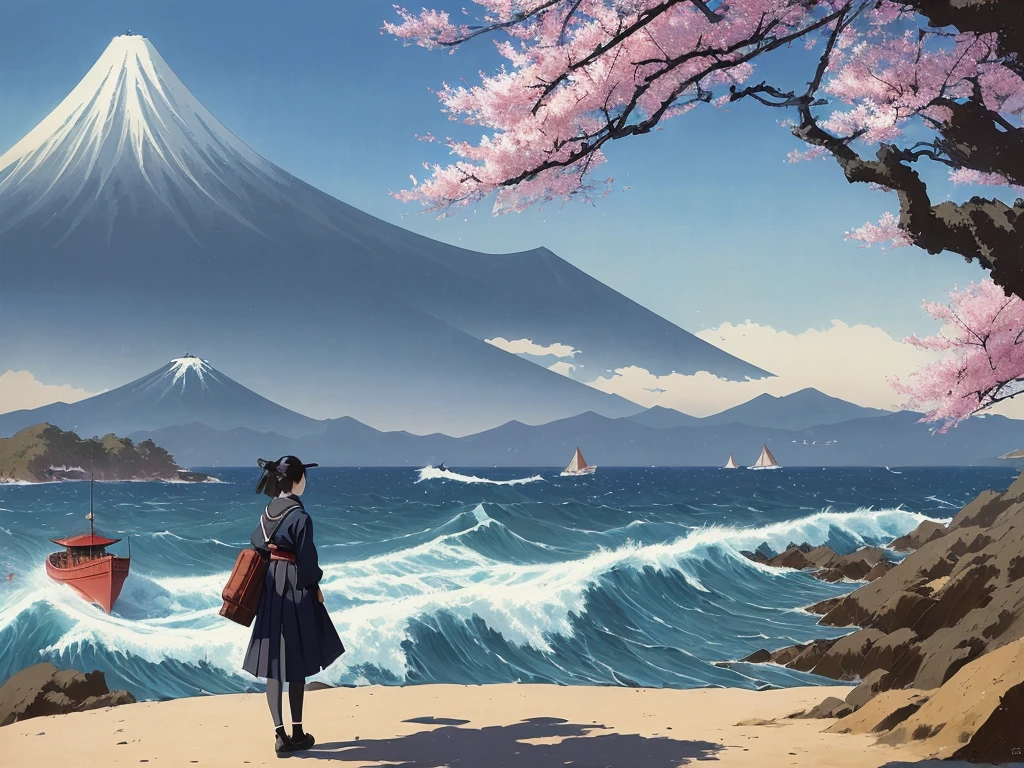 Japan girl at 16 years old, Portrait of a standing woman,
Background painting of waves with a boat in the middle and sky with clouds and mountains, (Kanagawa Okinami Ura),
Cherry blossoms in the background,
(Atey Gailan, by Jeremy Mann, Greg Manchess, Antonio Moro), Trending on Art Station, Trending on CGSociety, Complex, Attention to detail,
Sharp focus, dramatic, photorealistic painting art by midjourney and ((Greg Rutkowski)), Background blur, by (Katsushika Hokusai)