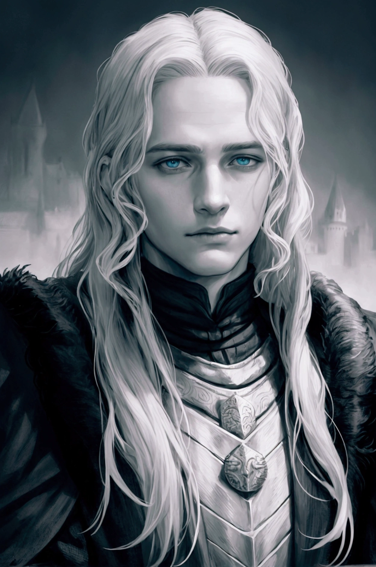 a detailed portrait of King Aegon Targaryen, highly detailed face and eyes, regal attire, majestic pose, medieval castle background, dramatic lighting, epic fantasy art, cinematic atmosphere, muted color palette, dramatic chiaroscuro, masterpiece, hyperrealistic, 8k, high resolution