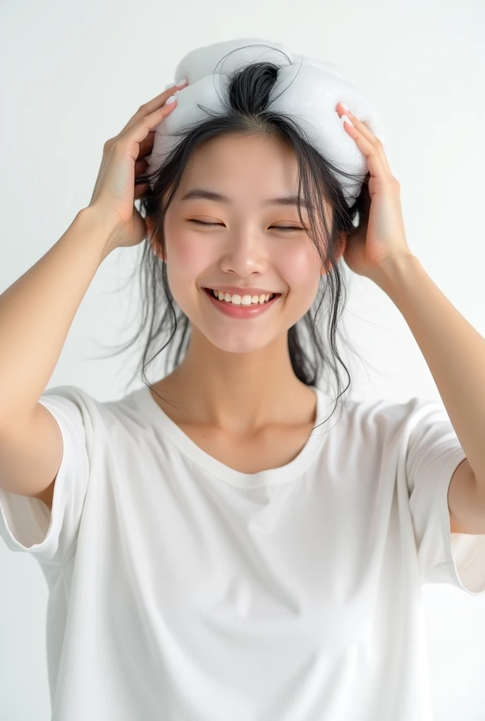 Create an Asian beauty,Wear a white T-shirt,Scratching hair with hands,Bending over and washing hair,There is a lot of foam on the head,The expression is happy,The characters are realistic and realistic,Pure white background,9:16 frames,Ultra-high-definition picture quality