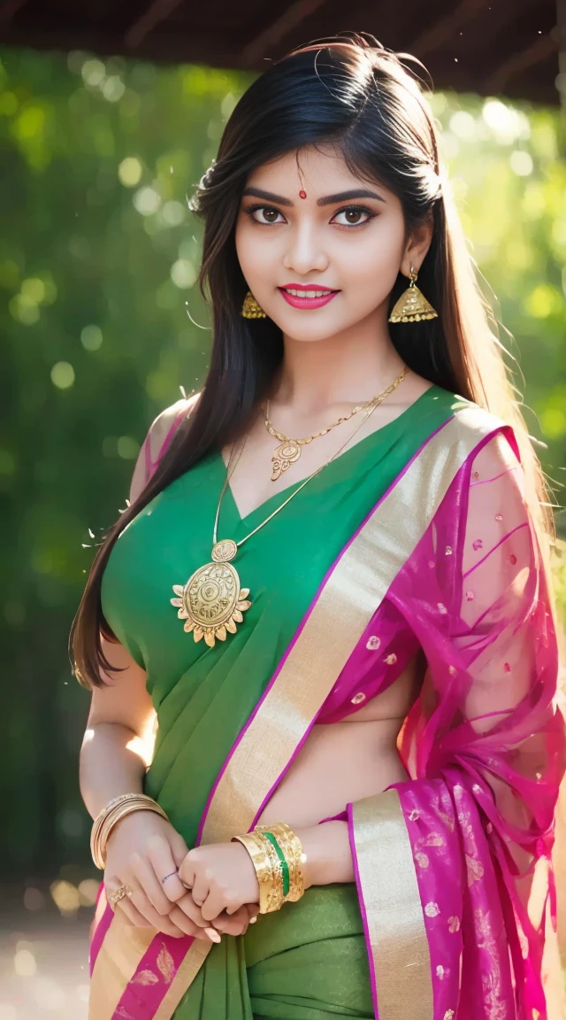 wear green designer printed Saree and blouse, a bindi on the center of the forehead, green saree and green blouse, full body covered in clothes, Indian temples in background, flower basket, very well dressed, going to temple for prayers, golden heavy jewellery, very beautiful 25 year old indian girl, full body photo, mehendi in hands, random hair style, holding Puja plate with Puja items for lord Shiva, lord Shiva temple in background, jewelry, gem, necklace, necklace set, tika, vermilion, nathiya, ear rings, mangalsutra, golden haar, gold bracelet, anklets, thick lips, holding flower basket for Puja in hand, skindentation, parted lips, full body photo from front, beautiful face, beautiful body, (detailed eyes), ulzzang-6500-v1.1, thick eyelashes, long eyelashes, random hair style, broad light, backlighting, bloom, light sparkles, chromatic aberration, sharp focus, Nikon Z 85mm, unparalleled masterpiece, ultra-realistic 8k photos, best quality masterpiece, best quality,