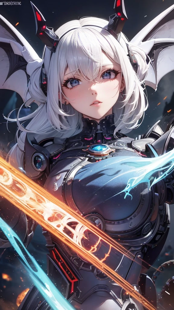 A young robot demon girl, with white hair, heterochromatic violet and red eyes, with horns, with robotic demon wings, wearing a cute outfit,(best quality,4k,8k,highres,masterpiece:1.2),ultra-detailed,(realistic,photorealistic,photo-realistic:1.37),highly detailed face, extremely detailed robotic demon girl, intricate mechanical details, dynamic pose, vibrant colors, dramatic lighting,cinematic composition,fantasy,dark fantasy,science fiction,digital painting