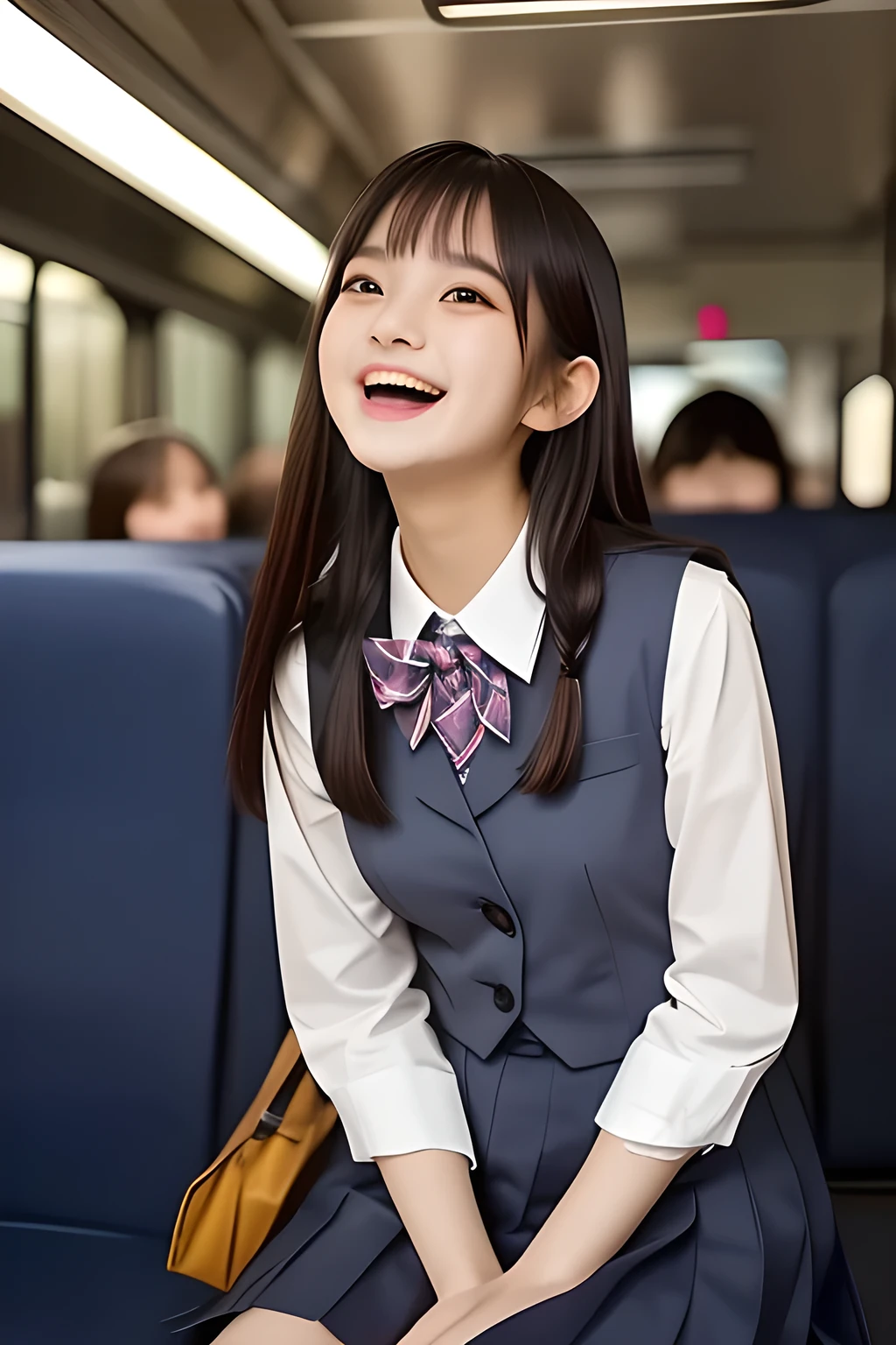 (highest quality, masterpiece, high resolution:1.2), 4K, (Photo quality detailed cute face: 1.4), (Giorgione painting style: 0.8), geometry, ( yo cute girly Japanese girls are seated and looking ME up in a train crowded with succubi: 1.4), Laughing cutely, (neat girly white short-sleeves school blouse: 1.0), (puffed short sleeves: 1.0), (Dark red glossy school ribbon on the breast: 1.0), (Gray Japanese school girly vest Uniform: 1.2), (Box-pleated gray short school skirt: 1.2), (Extremely laughing cheeks: 1.0), (Beautiful light-amber cute-dolly large clear eyes with detailed cutely: 1.4), (Long bottom eyelashes: 1.2), (Expressing the greatest joy with her whole body: 1.2), (Glossy lips: 1.0), (Super-straight super-long hair: 1.5), (white and clear skin: 1.0), (Promoting Shampoo: 1.2), (Strong yearning: 1.2), (Many succubi are looking at me)