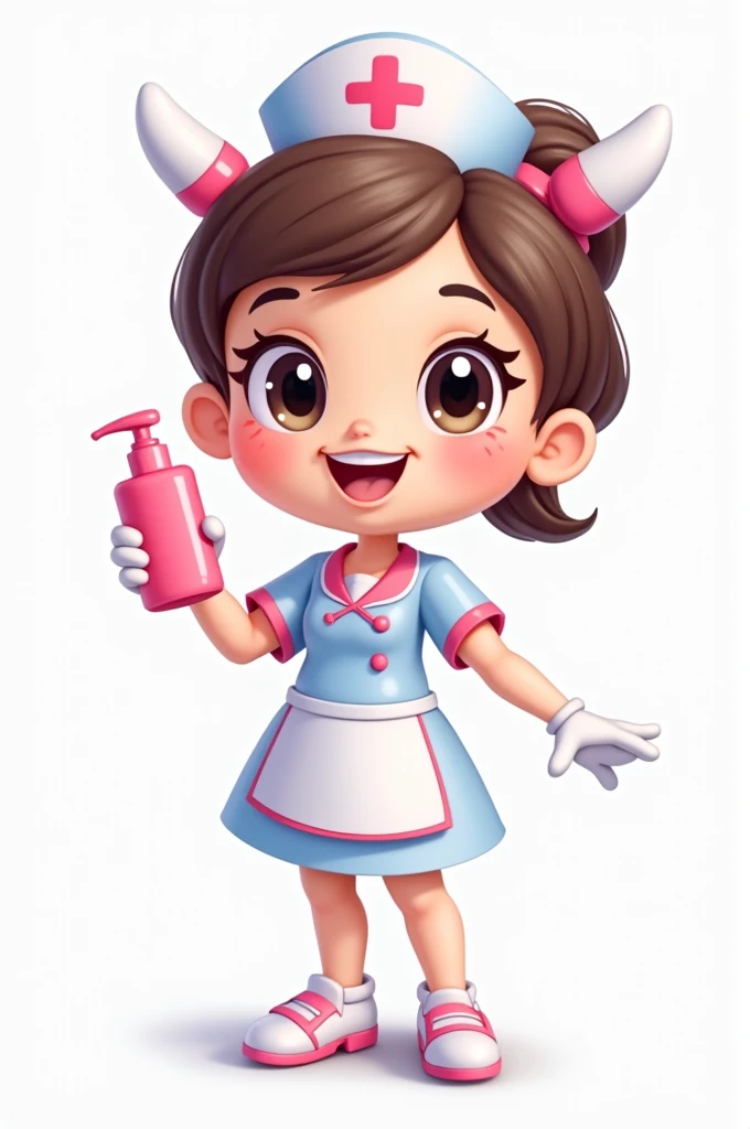 Mascot Design Details:

	1.	Head: The head should have a cute cartoon-like appearance with a round face. Large, bright eyes and a friendly expression are key. Incorporate hand elements, such as nurse gloves used as ears or as part of the head, to symbolize hand hygiene.
	2.	Body: The mascot wears a female nurse uniform in pastel colors like light blue or white, with soft pink accents on the skirt, sleeve cuffs, and hat. The nurse hat has a red cross symbol on it.
	3.	Hands: One hand of the mascot is holding a hand sanitizer bottle. The bottle should be brightly colored, possibly with a pink or blue label, matching the overall color theme of the mascot.
	4.	Color Scheme: Use pastel colors such as pink, blue, and white to create a bright, cute, and friendly appearance that appeals to all ages.
