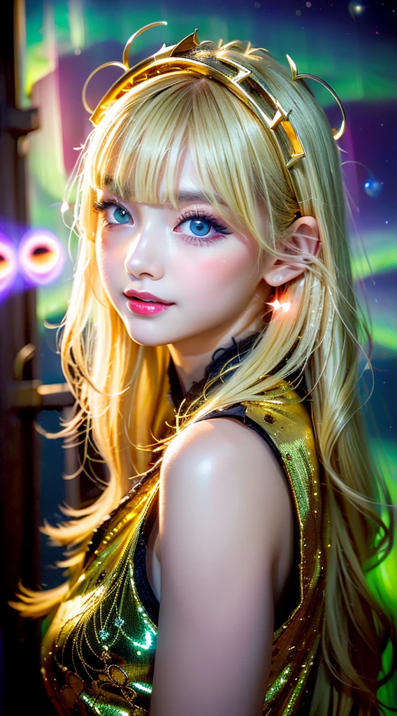 very cute, Blonde Hair, Big smile, One 20-year-old girl, 1. Goddess Athena, The beautiful, flawless face of the goddess Athena, delicate yellow nightgown, Lots of sexy black lace detailing、Long sheer sequined nightgown, A beautiful pale red silk half veil, Legends of female saints, Icons of female saints, Beautiful goddess-like glitter, Dark and mysterious version, Vermilion lips, Plump red lips, ((口をclose:0.9)), Complete teeth, Symmetrical incisors, Bright white teeth, ((Angry face:0.8)), delicate and beautiful pino detailing, delicate and beautiful lip detail, (Pure and perfect face: 1.9), Female Eucharist, Round Breasts, 大きくてRound Breasts, Phoenix Brooch, Long, flat bangs, Long black hair, Beautiful, clear face and well-proportioned eyes, (Pale pink eyes with transparent irises: 1.8), (Big round eyes and makeup, Sexy wet eye makeup, So beautiful、Careful hair and makeup, long and delicate blonde hair, delicate, Body image: 1.8), shape: Brilliant and, (The stars that make up the sky々: 1.7), (The Gate of Heaven and Imaginary Time and Space: 1.8), Imaginary art, RAW Photos, hanfu pictures, Best Photos, High resolution, 最high quality, Best Photos, Best Goddess Quality, 8k female, Super 8 Single Saint Portrait, The most true color scheme, masterpiece, Best Beauty Brands, Best Hair Jewelry, Brand real photo, Dark studio, Border Light, Two-tone lighting, (Rosy white skin: 1.4), (High skin detail: 1.1), 8k uhd, SLR, Soft Light, 8k, high quality, Frank, Smooth and sharp volume, 10x more pixels, Sexy Goddess, Sexy Goddess, (Background Space: 1.8), (The most beautiful aurora eye: 1.7), Beautiful Eyes, The aurora is beautiful and flower-like, (Beautiful single women: 1.8), (see here:0.8), close, Approaching the Goddess, Clear and unrealistic