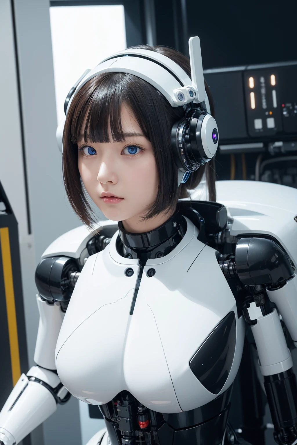 masterpiece, best quality, extremely detailed, portrait,Japaese android girl,Plump,a bit chubby,control panels,android,Droid,Mechanical Hand, ,Robot arms and legs, Black hair,Mechanical body,Blunt bangs,White Robotics Parts,perfect robot woman,Charging spot,Long Tube,A thick cable was connected to her neck,perfect mechanical body,white robotics body,future assembly plant,white body,She has repaired,black sponge joints,android assembly plant,android,laboratory,perfect machine body,white robot body,blue eyes