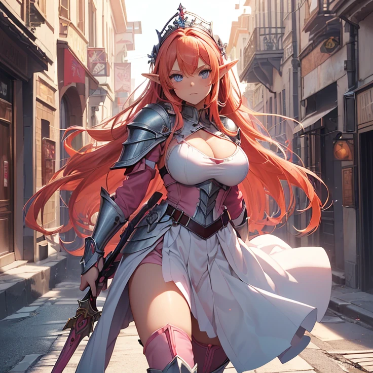 (absurdres, masterpiece, best quality, detailed, solo full body design, fantasy, high resolution, HD),
{{18 years old orange-red haired Elf Girl knight: (reddish orange hair tied in left tail with two white flowers, beautiful light-blue eyes, serious and imponent, closed mouth, lightblue flower at side of hair, beautiful feminine body, huge breasts),(Clothes: pink combat uniform, white gloves, pink skirt, pink pantyhose, pink shoulder plates, pink long boots, pink steel knee plates, pink steel elbow plates, silver tiara up her head around the hair),(holding with her left hand a long steel silver spear),(Background: viking styled city street, sunny morning, stone viking houses around the streets)}}
