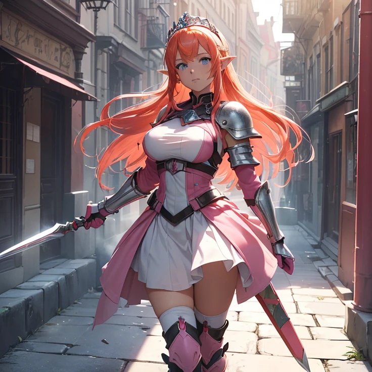 (absurdres, masterpiece, best quality, detailed, solo full body design, fantasy, high resolution, HD),
{{18 years old orange-red haired Elf Girl knight: (reddish orange hair tied in left tail with two white flowers, beautiful light-blue eyes, serious and imponent, closed mouth, lightblue flower at side of hair, beautiful feminine body, huge breasts),(Clothes: pink combat uniform, white gloves, pink skirt, pink pantyhose, pink shoulder plates, pink long boots, pink steel knee plates, pink steel elbow plates, silver tiara up her head around the hair),(holding with her left hand a long steel silver spear),(Background: viking styled city street, sunny morning, stone viking houses around the streets)}}