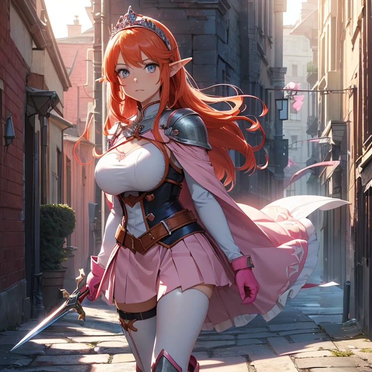(absurdres, masterpiece, best quality, detailed, solo full body design, fantasy, high resolution, HD),
{{18 years old orange-red haired Elf Girl knight: (reddish orange hair tied in left tail with two white flowers, beautiful light-blue eyes, serious and imponent, closed mouth, lightblue flower at side of hair, beautiful feminine body, huge breasts),(Clothes: pink combat uniform, white gloves, pink skirt, pink pantyhose, pink shoulder plates, pink long boots, pink steel knee plates, pink steel elbow plates, silver tiara up her head around the hair),(holding with her left hand a long steel silver spear),(Background: viking styled city street, sunny morning, stone viking houses around the streets)}}
