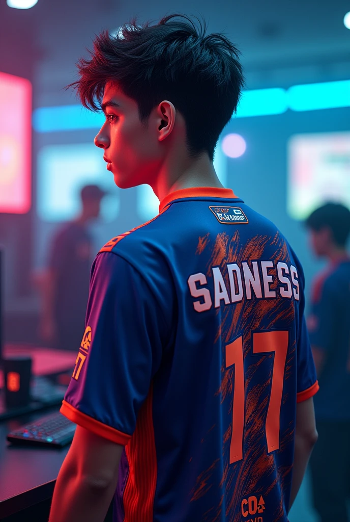 A young man gamer wearing esports jersy with a name of "Sadness" at the back