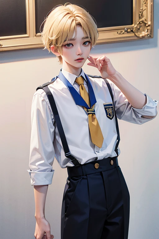 blond hair, White skin, Uniform, 18 years old, super detail, masterpiece, 8k, 1 boy, korean, amazing, Idol appearance, high quality, Refreshing, High Quality, Idol Hair, white shirt, Long tie, black pants, 아름다운 중성적인 man, boy, 섬세한 중성적인 man, sailor uniform, blue, boy, man