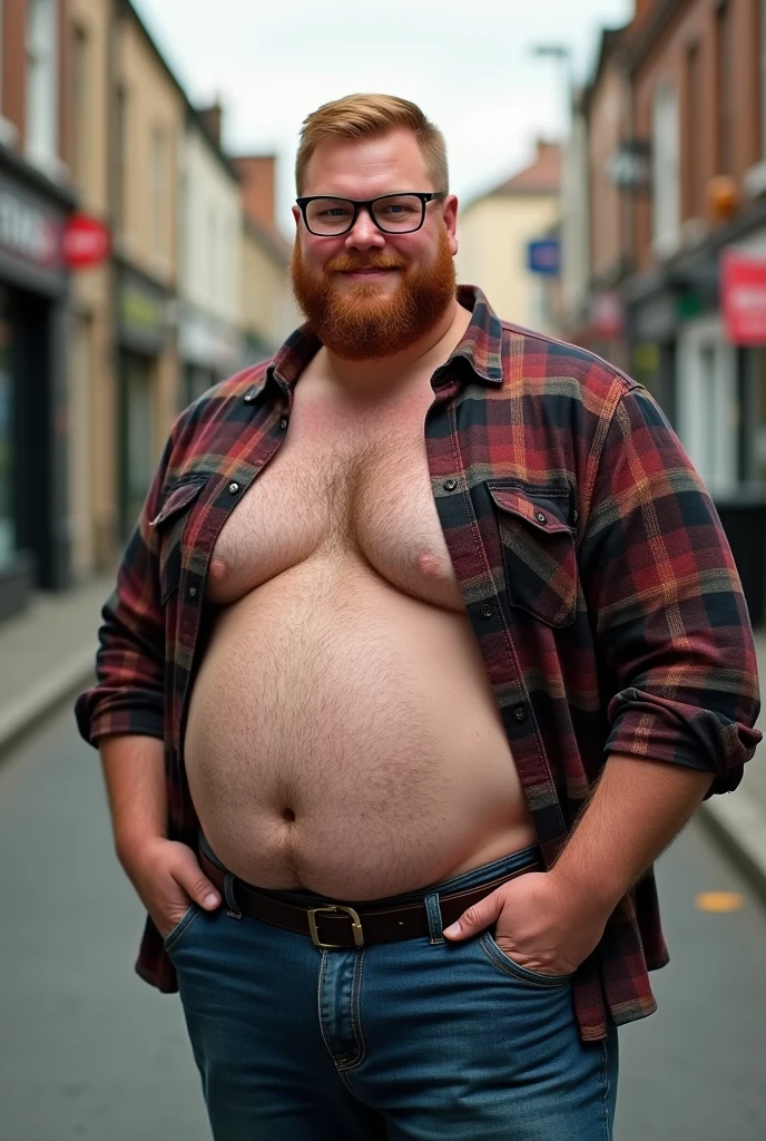 Three-thirds portrait of a handsome man of 42 years old, very attractive, chubby but beefy, ((a lot of body hair, especially on pecs and belly)), short red hair, short beard, green eyes, wellington glasses, open flannel shirt, ((tight jeans with the fly open showing a little pubic hair)). Half profile posture looking at the camera, shy but friendly, on a quiet street. Soft light, realistic and detailed skin, detailed and realistic hair, realistic and detailed body hair, proportionate, realistic and detailed body, realistic and detailed clothing fabric, 4k, masterpiece, ultra-detailed