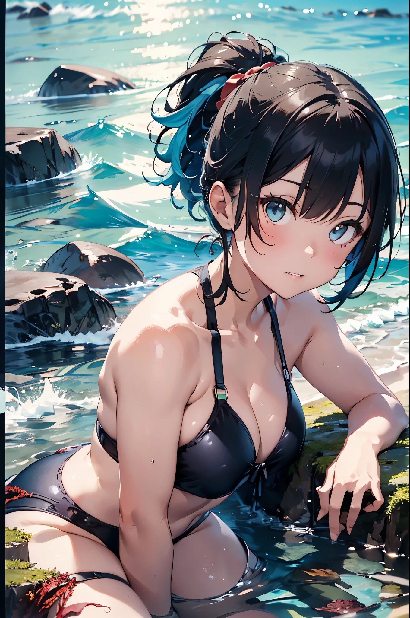 High resolution,topless、
One beautiful young woman,Light blue hair、ponytail、
(Soft Saturation:1.3), (Fair skin:1.2),
(ultra-Detailed Background, Detailed Background), Bokeh,
break&#39;Portrait of a smiling girl.,
When viewed from the front, The composition is symmetrical,
Looking straight at you with serious eyes,
break Swimwear, Red Bikini, Center of chest, 
Outdoor, Sea surface, null, sunlight,Summer beach, Sandy Beach,
Strong light, Front lighting, 
(:1.3), (Cowboy Shot:1.2),
Front brake angle,
View your viewers,
Dynamic pose,
sitting on the beach

Seaweed、Seaweed、Seaweed、Seaweed、Seaweed、Seaweed、Seaweed、