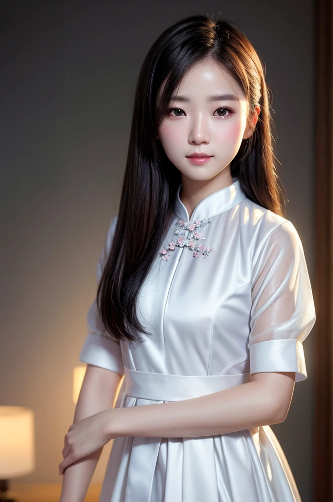 1girl, aodai white, photo art, (flower), a stunning photo with beautiful saturation, ultra high res,(realistic:1.4)),deep shadow,(best quality, masterpiece), pale skin, dimly lit, shade, flustered, blush, highly detailed, skinny, BREAK depth of field, film grain, wrinkled skin, looking at viewer, knee, warm smile, (upper body), masterpiece,ultra realistic,32k,extremely detailed CG unity 8k wallpaper, best quality