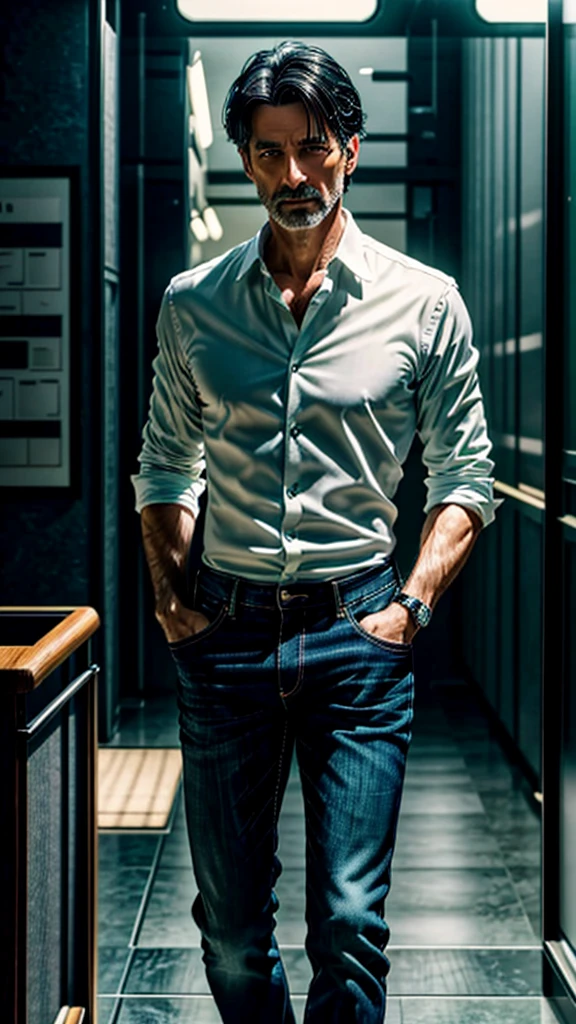 RAW photo of an elegant man, 50 years old, European, light green eyes, black hair blurred background, full body plane, blue jeans, white shirt, looking at camera, cinematic, small details, photorealistic, ultrarealistic photo, 8k uhd, dslr, soft lighting, high quality, film grain, Fujifilm XT3, (masterpiece),  