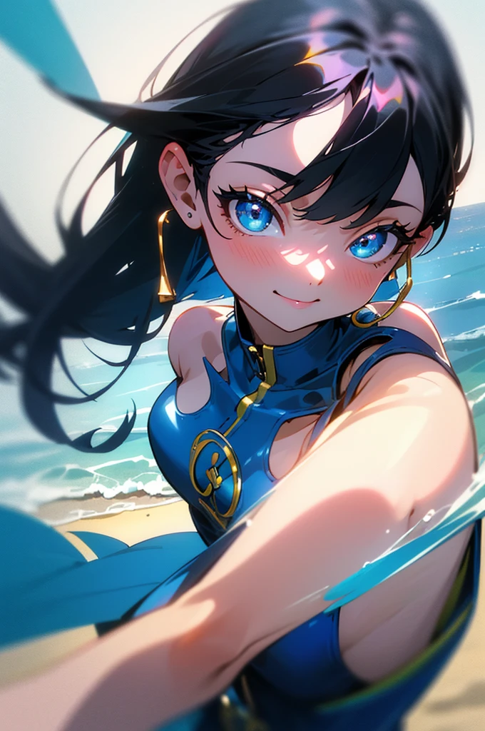 (masterpiece, Highest quality, 8k, 4K, Insane Details, Vibrant, beautiful, One girl), Black Hair、Long Bob Hair, Bright Blue Eyes, Wearing a one-piece dress, Background beach, smile, Beautiful Eyes, Beautiful Face, Perfect body, Perfect hands, Two shots with Chihuahua