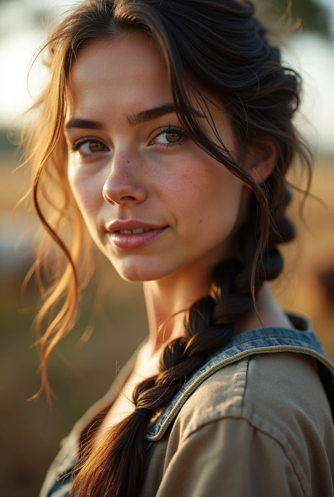 A highly detailed, realistic, and ultra-high-definition 9K photo of a 24-year-old woman, sweaty from feeding animals, with a subtle glow of bright white natural light casting the ambiance of the morning sun. Her athletic build is subtly evident beneath her work clothes and overalls. Her long, dark brown hair is in a french braid that is tattered from working is pulled over her shoulder, with a few loose strands framing her heart-shaped face. Her hazel eyes, flecked with golden brown, sparkle with a sense of adventure, gazing softly into the distance. Her skin has a warm, sun-kissed glow.