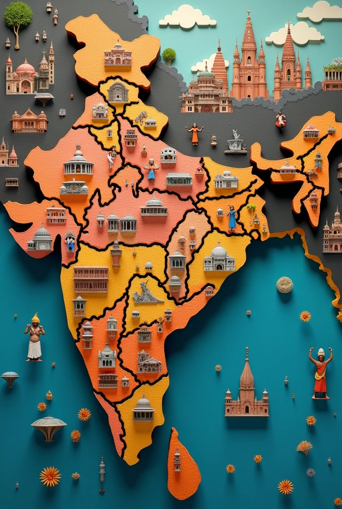 Cultural map of India statewise and make it 3d also add people along with cultural influence of a state