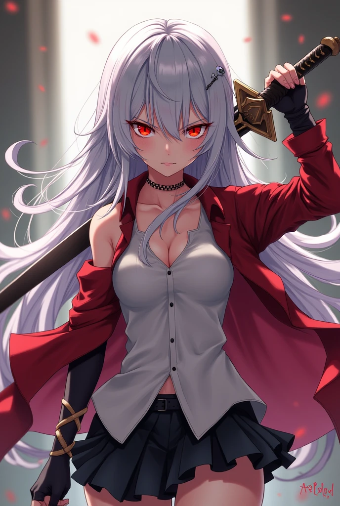 Anime girl wearing a sleeveless shirt the middle of her chest is visible and she wears fingerless gloves and she wears a short skirt, he works as an assassin and he is holding a sword, her face is angry with a smile and she is 16 years old. He's not wearing a jacket. She is white skinned, long hair and she is very beautiful