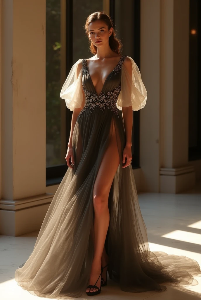 Create a high-resolution image of a sophisticated female model wearing an elegant haute couture gown. The gown features voluminous puffed sleeves with a transparent fabric that adds an ethereal touch. The deep V-neckline enhances the model's silhouette, while the long skirt flows gracefully with a high slit on one side, revealing one leg. The dress has a gradient effect, starting with darker tones at the top and transitioning to lighter shades towards the hem. The model should have an elegant posture, standing confidently as if on a runway or a red carpet. The overall ambiance should be luxurious, with soft lighting that highlights the intricate details of the dress.