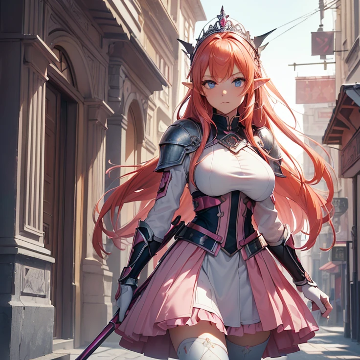 (absurdres, masterpiece, best quality, detailed, solo full body design, fantasy, high resolution, HD),
{{16 years old orange-red haired Elf Girl knight: (reddish orange hair tied in left tail with two white flowers, beautiful light-blue eyes, serious and imponent, closed mouth, lightblue flower at side of hair, beautiful feminine body, huge breasts),(Clothes: pink combat uniform, white gloves, pink skirt, pink pantyhose, pink shoulder plates, pink long boots, pink steel knee plates, pink steel elbow plates, silver tiara up her head around the hair),(holding with her left hand a long steel silver spear),(Background: viking styled city street, sunny morning, stone viking houses around the streets)}}