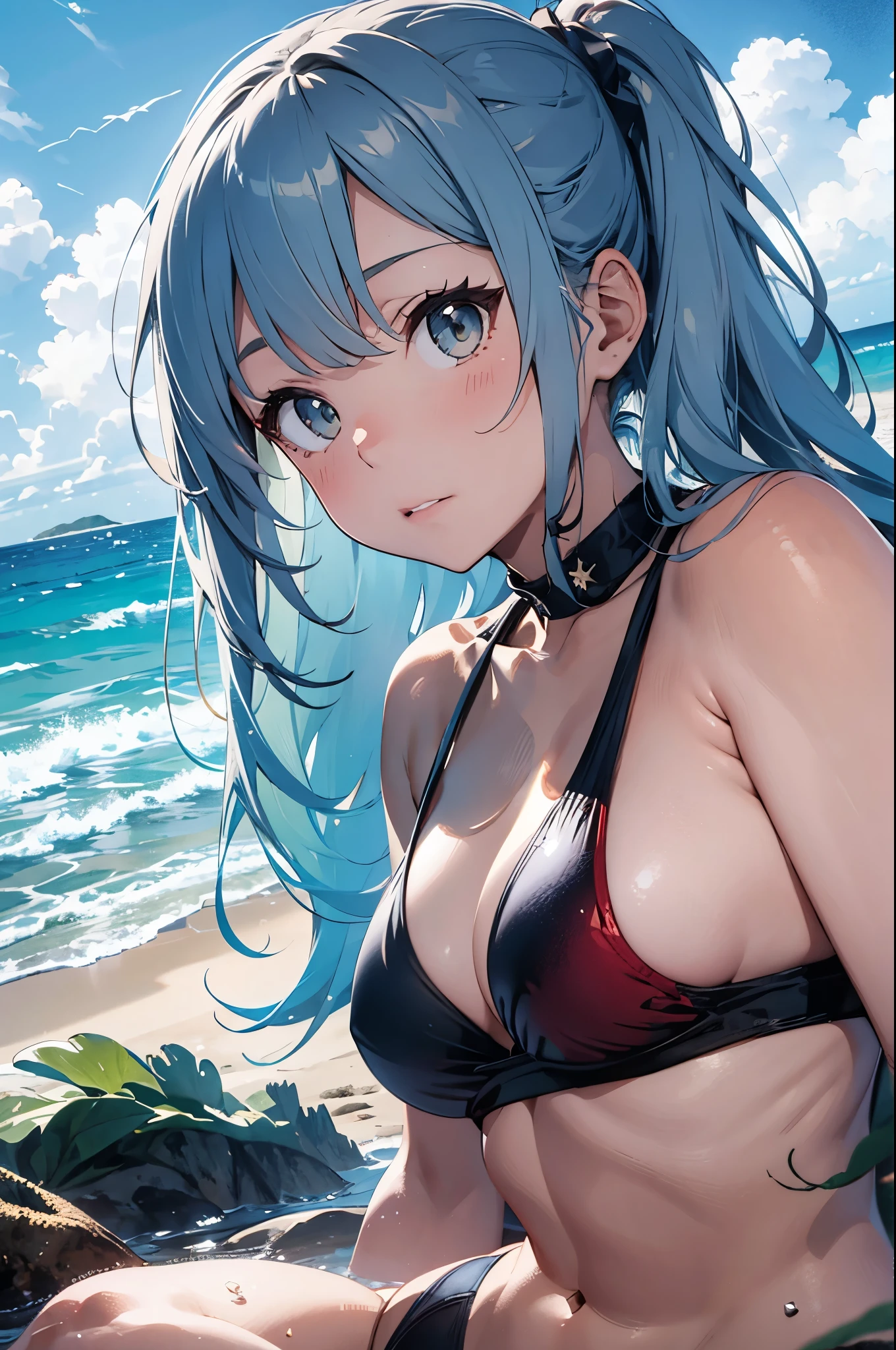 High resolution,topless、
One beautiful young woman,Light blue hair、ponytail、
(Soft Saturation:1.3), (Fair skin:1.2),
(ultra-Detailed Background, Detailed Background), Bokeh,
break&#39;Portrait of a smiling girl.,
When viewed from the front, The composition is symmetrical,
Looking straight at you with serious eyes,
break Swimwear, Red Bikini, Center of chest, 
Outdoor, Sea surface, null, sunlight,Summer beach, Sandy Beach,
Strong light, Front lighting, 
(Teen:1.3), (Cowboy Shot:1.2),
Front brake angle,
View your viewers,
Dynamic pose,
sitting on the beach

Seaweed、Seaweed、Seaweed、Seaweed、Seaweed、Seaweed、Seaweed、