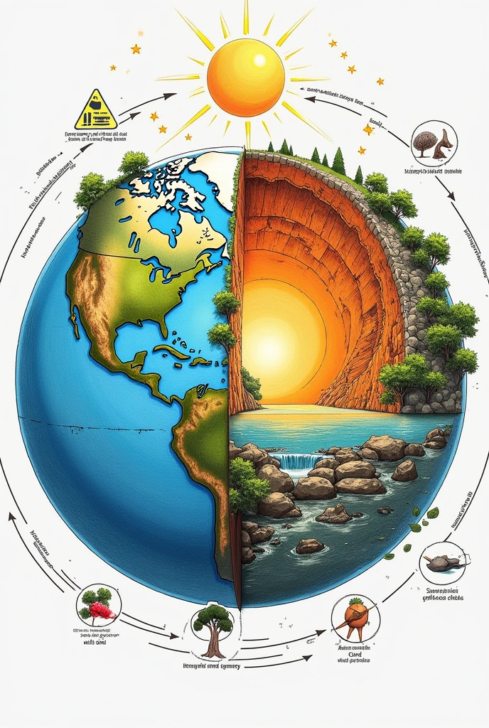 sketch of our planet Earth showing the nutrients, temperature, water, atmosphere and energy which enables it to support life. Be able to label the important features of the earth necessary to support life.