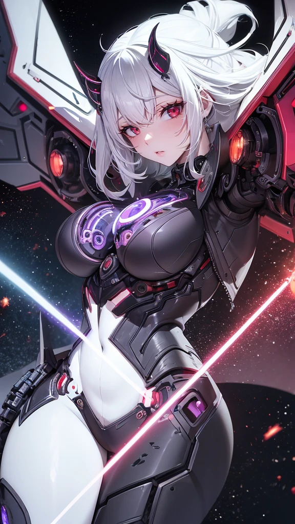 A young robot demon girl, white hair, heterochromic violet and red eyes, horns, robotic demon wings, cute outfit, best quality, 4k, 8k, highres, masterpiece, ultra-detailed, realistic, photorealistic, photo-realistic, highly detailed face, extremely detailed robotic demon girl, intricate mechanical details, dynamic pose, vibrant colors, dramatic lighting, cinematic composition, fantasy, dark fantasy, science fiction, digital painting