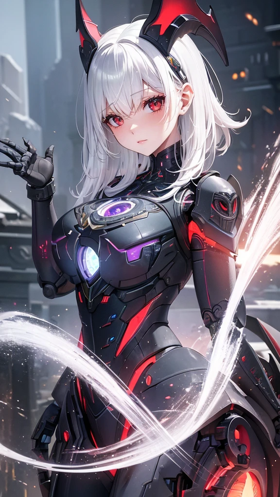 A young robot demon girl, white hair, heterochromic violet and red eyes, horns, robotic demon wings, cute outfit, best quality, 4k, 8k, highres, masterpiece, ultra-detailed, realistic, photorealistic, photo-realistic, highly detailed face, extremely detailed robotic demon girl, intricate mechanical details, dynamic pose, vibrant colors, dramatic lighting, cinematic composition, fantasy, dark fantasy, science fiction, digital painting