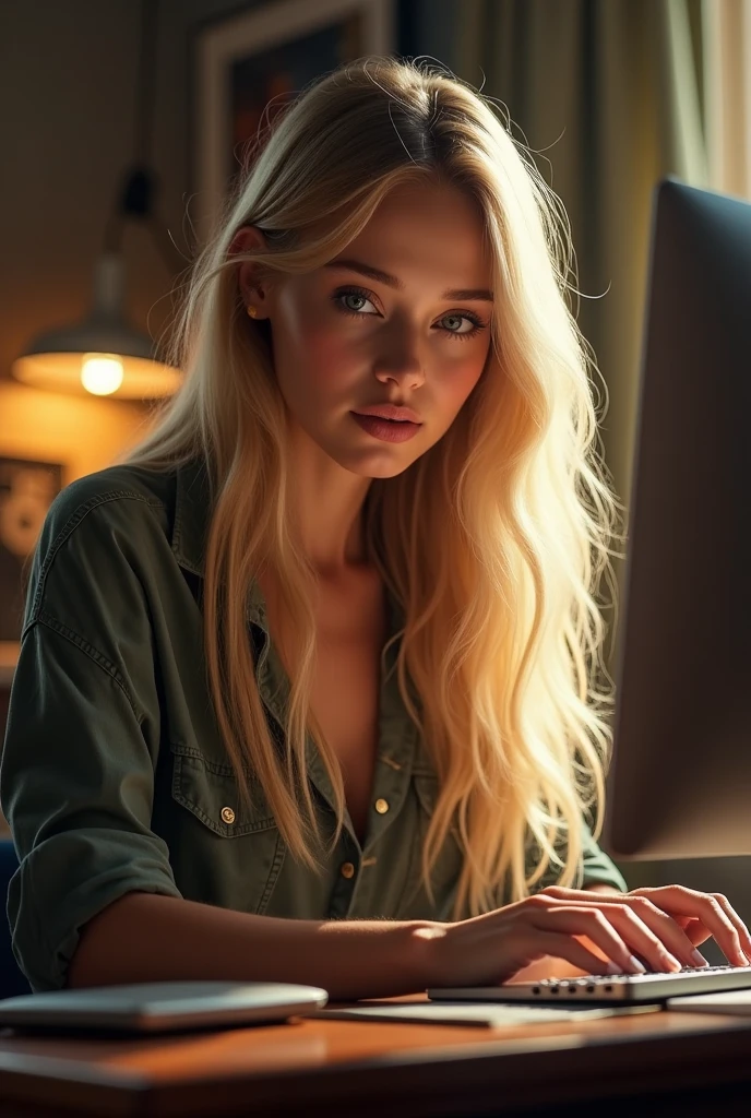 une belle fille aux longs cheveux blonds, detailed eyes, nose, and lips, porter , assise dans son bureau, en utilisant son ordinateur, ordinateur HP (best quality,4K,8k,high resolution,head of&#39;artwork:1.2),ultra-detailed,(realistic,photorealistic,photo-realistic:1.37),HDR,studio lighting,Highly detailed face and body, portrait,Cinematic lighting,Dramatic lighting,warm color tones,couleurs dramatiques