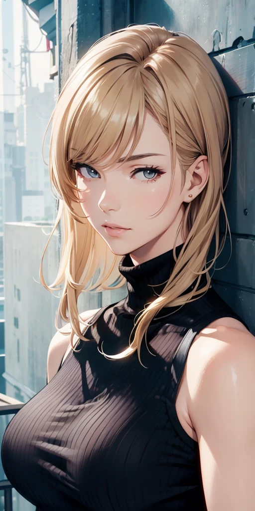 (Highest quality, High resolution), Portraiture, Upper Body, Cool adult woman, Long Hair, Side-swept bangs, [[[Brown Hair]]], Blonde, Brown eyes, Turtleneck Tank Top, Large Breasts, Plain Wall, Ultra-detailed CG,
 