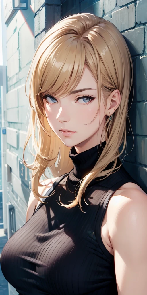 (Highest quality, High resolution), Portraiture, Upper Body, Cool adult woman, Long Hair, Side-swept bangs, [[[Brown Hair]]], Blonde, Brown eyes, Turtleneck Tank Top, Large Breasts, Plain Wall, Ultra-detailed CG,
 