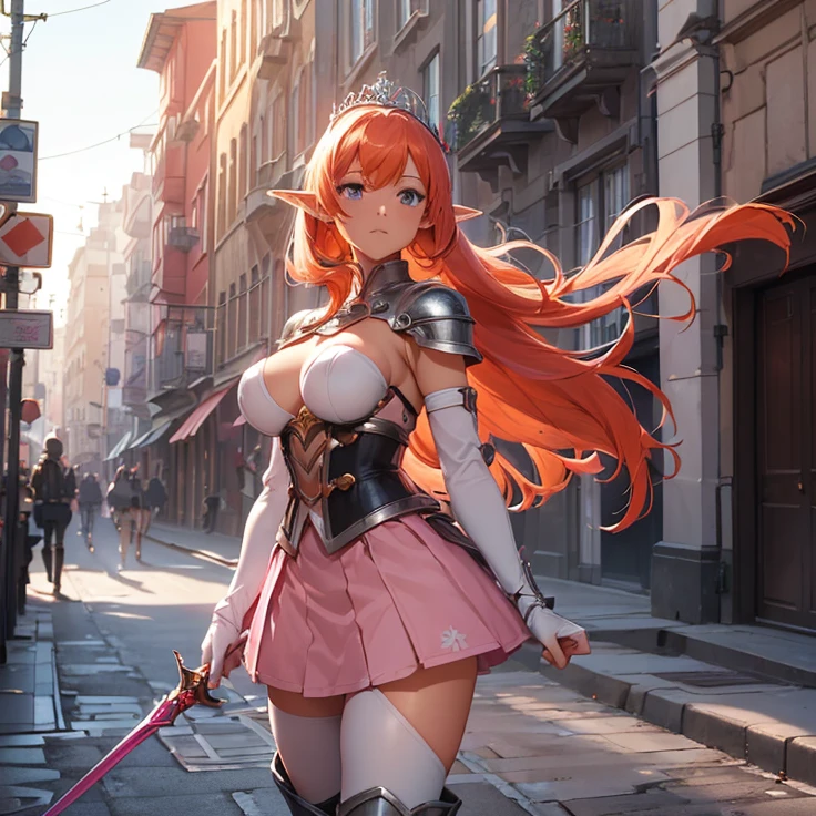 (absurdres, masterpiece, best quality, detailed, solo full body design, fantasy, high resolution, HD), 
{{ orange-red haired Elf Girl knight:  (reddish-orange hair tied in left tail with two white flowers, beautiful light-blue eyes, serious and imponent, closed mouth,  lightblue flower at side of hair, beautiful feminine body, huge breasts),(Clothes: pink combat uniform, white gloves, pink skirt, pink pantyhose, pink shoulder plates, pink long boots, pink steel knee plates, pink steel elbow plates, silver tiara up her head around the hair),(holding with her left hand a long steel silver spear),(Background: viking styled city street, sunny morning, stone viking houses around the streets)}}