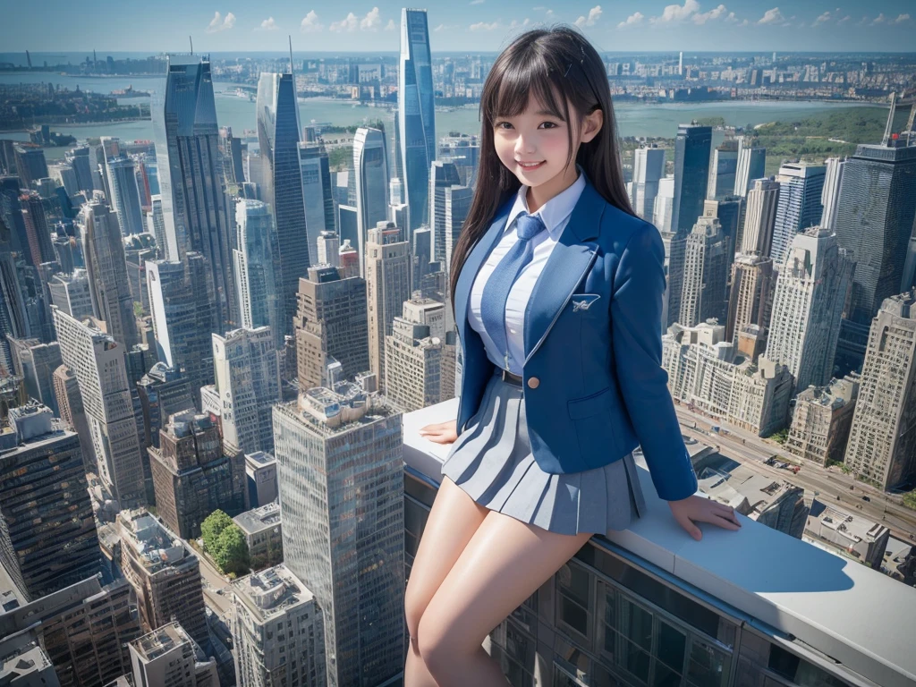 8k, ((Super Giant Girl Art)), Realistic, Ultra HD, 1 girl, (2+girls:1.5), Big Breasts, Very detailed depiction, Light blue blazer, Grey tie, Blue mini skirt, White Pantyhose, (Extremely detailed depiction, Much taller than a skyscraper, A very small big city is/50 scale, Miniature metropolis, Miniature metropolisを下にして, sit, Super huge school girl, 2+girls, Full body description), Translucent skin texture, Beautiful Skin, Semi-long hair, Beautiful 16 year old girl, Cute Smile, Top view