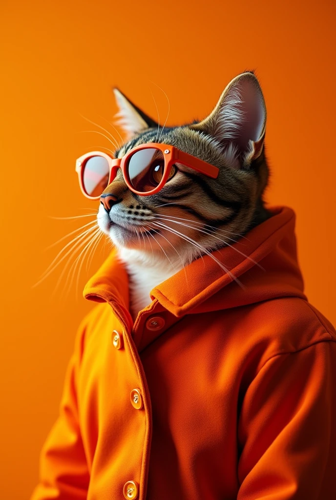 Best wallpapers for mobile phone, award winning wallpaper, portrait photography, In the foreground is a portrait of a cute cat, dressed in mid-1960s space clothes., side view, Shot on Canon EOS R5, Setting a sharp contrast, which emphasizes the object, Fluorescent orange tint, A very fashionable coat and sunglasses are the fashionable style of the 1960s., Clothes are all in one color, beautiful background