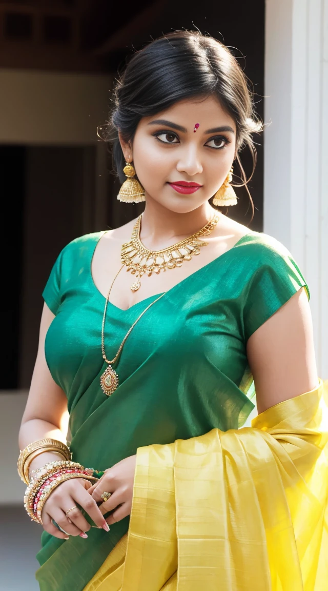 wear green designer printed Saree and blouse, a bindi on the center of the forehead, green saree and green blouse, full body covered in clothes, Indian temples in background, flower basket, very well dressed, going to temple for prayers, golden heavy jewellery, very beautiful 25 year old indian girl, full body photo, mehendi in hands, random hair style, holding Puja plate with Puja items for lord Shiva, lord Shiva temple in background, jewelry, gem, necklace, necklace set, tika, vermilion, nathiya, ear rings, mangalsutra, golden haar, gold bracelet, anklets, thick lips, holding flower basket for Puja in hand, skindentation, parted lips, full body photo from front, beautiful face, beautiful body, (detailed eyes), ulzzang-6500-v1.1, thick eyelashes, long eyelashes, random hair style, broad light, backlighting, bloom, light sparkles, chromatic aberration, sharp focus, Nikon Z 85mm, unparalleled masterpiece, ultra-realistic 8k photos, best quality masterpiece, best quality,
