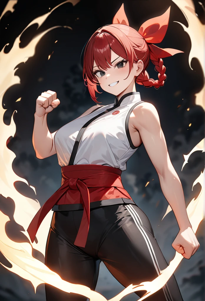 (masterpiece, Highest quality, so beautiful, 4K、figure), Intricate details, 1 Female,alone,Contrasting 、Strong glowing 目、,(Cowboy Shot)、Grin、Aura in the Fist、(Martial artist),Beautiful Face、Clenched fist、Double Bang、(Red Hair Gradient Heightening Spirit、Hair Ribbon,Single braid,black eye、White sleeveless、Leggings pants,Warrior、Medium chest、slim 、